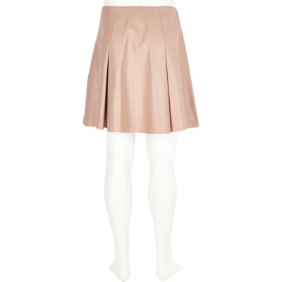 Girls pink leather-look pleated skater skirt